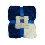 A Takaró Fehér Kék Szín, egy tengerészkék műszőrme és fehér sherpa takaró, kék pántokkal hajtogatva. Címkéjén termékinformáció látható, egy anyagmintán pedig a kontrasztos fehér és kék sherpa bélés látható.